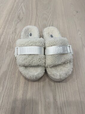 UGG Cream Shearling Slide Sandals with Branded Strap